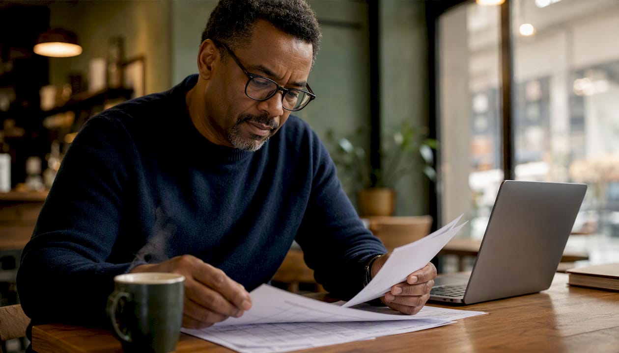 Man reviewing Amazon FBA inventory sheets at home