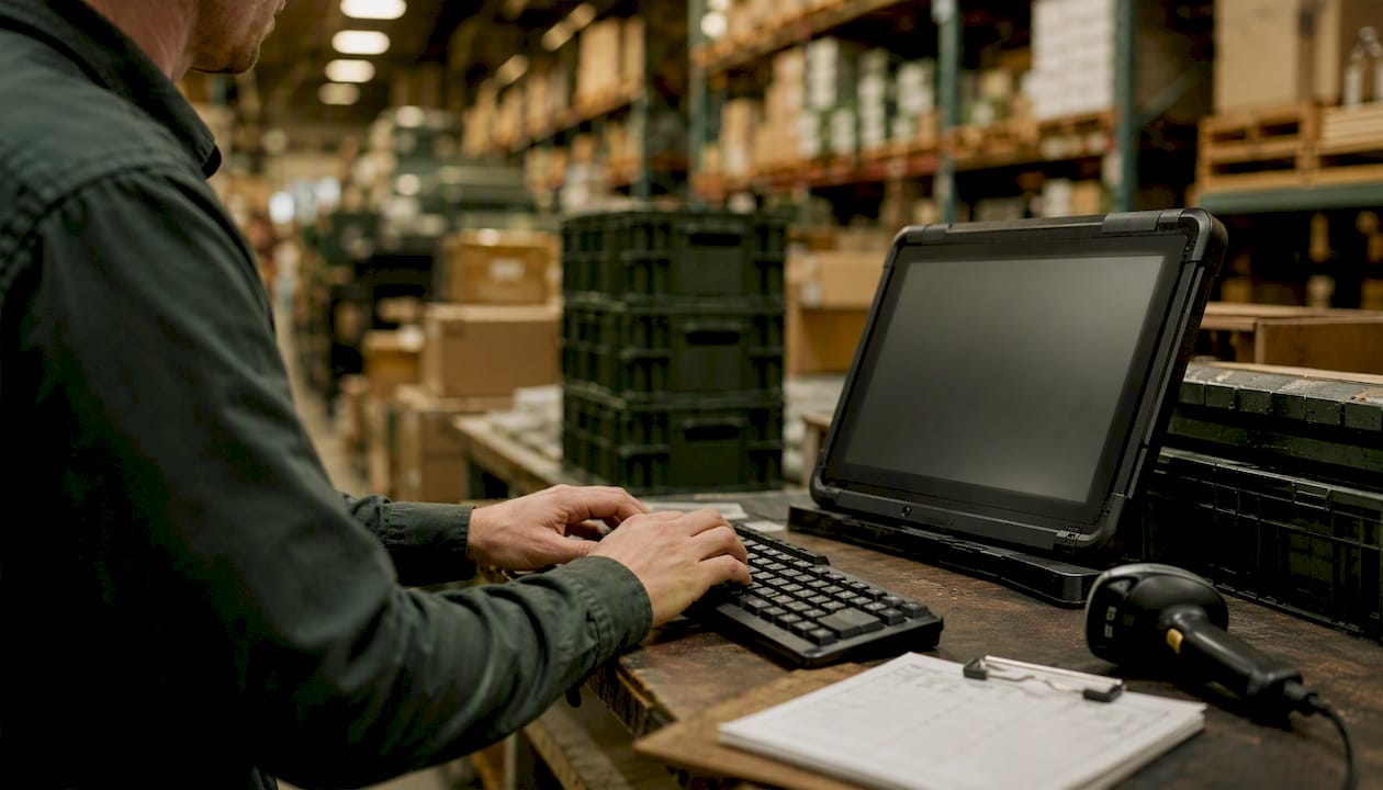 Hands typing on warehouse inventory system keyboard