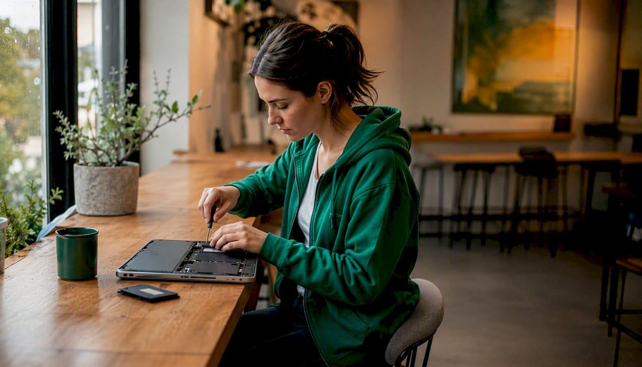 Woman removing SSD for data wipe preparation