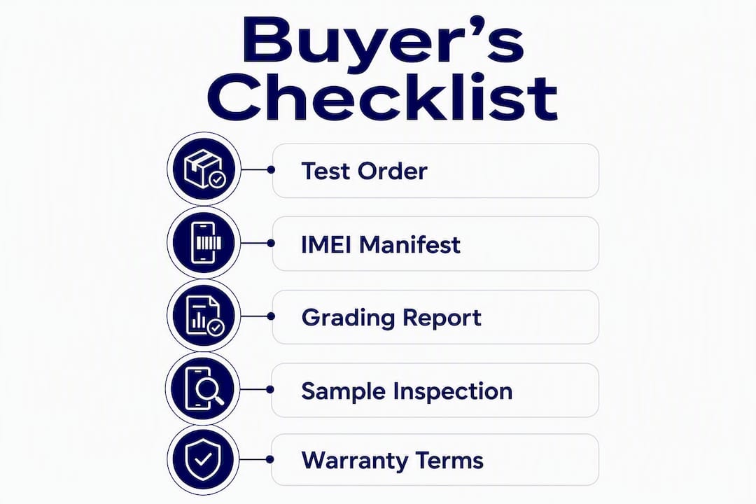 Infographic showing buyer's checklist steps for wholesale iPhones