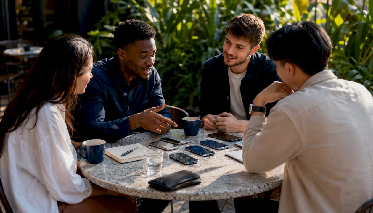 Group discussing refurbished phone marketplace options