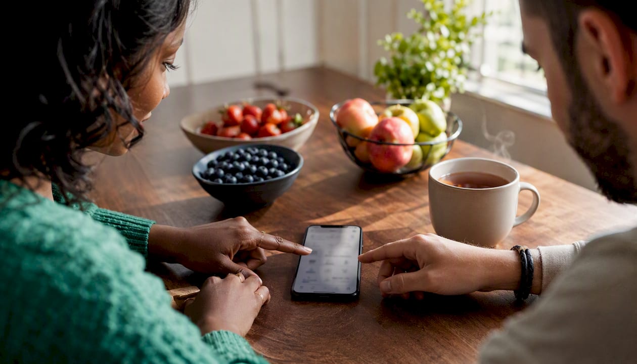 Hands comparing platform data on tablet overhead view