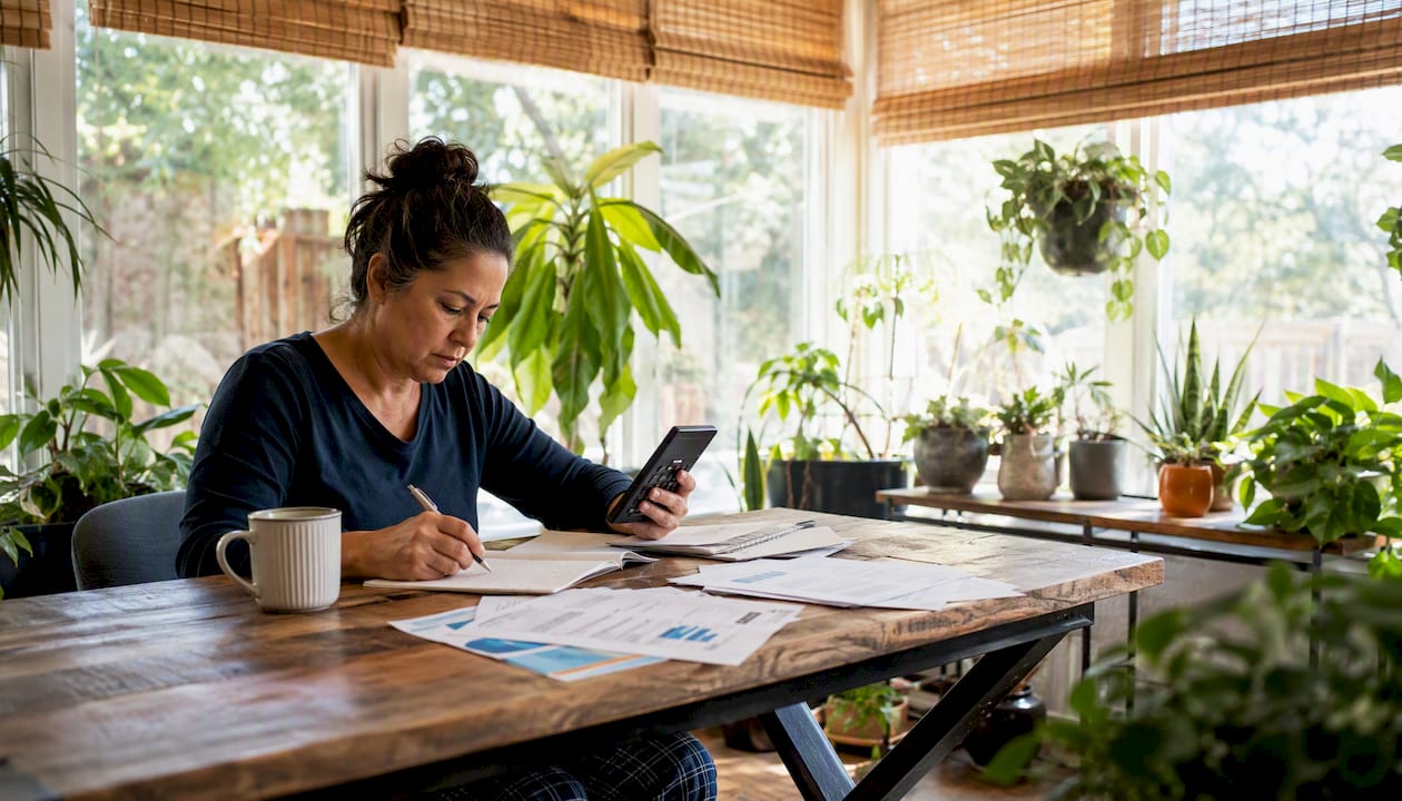 Homebuyer calculating mortgage points at table
