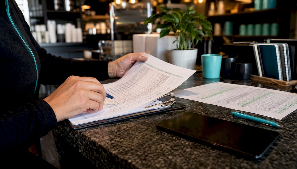 Hands preparing payroll correction file overhead view