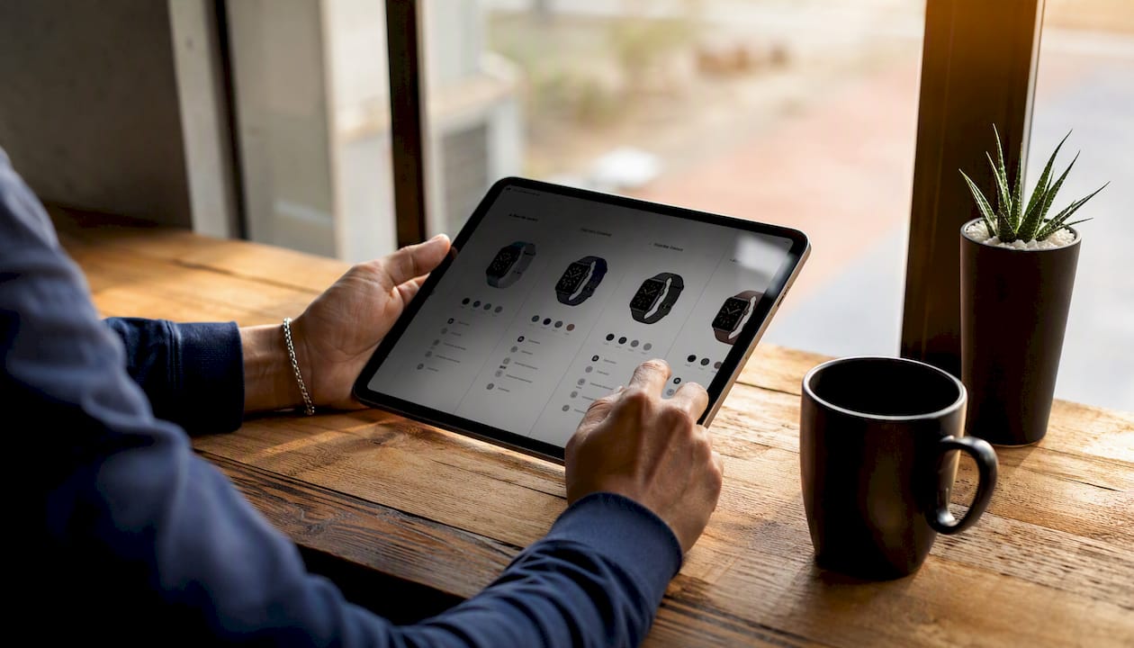 Hands reviewing Apple Watch model comparison sheets