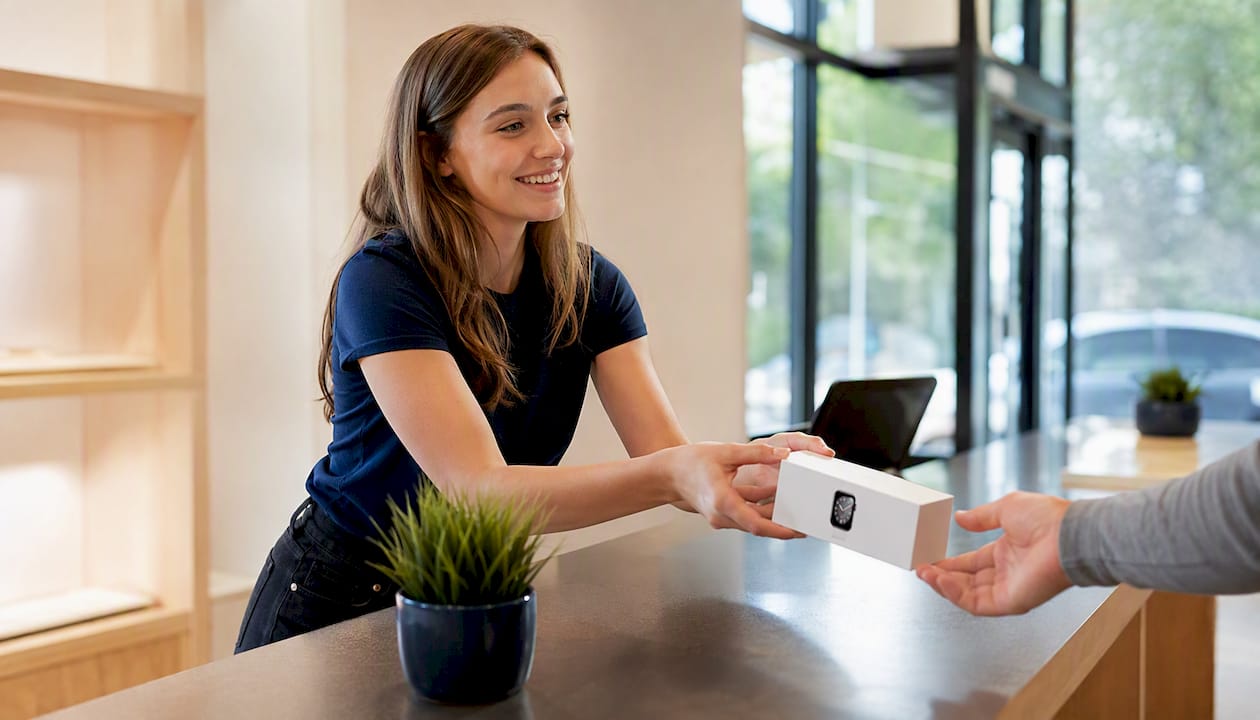 Store employee handing certified refurbished Apple Watch