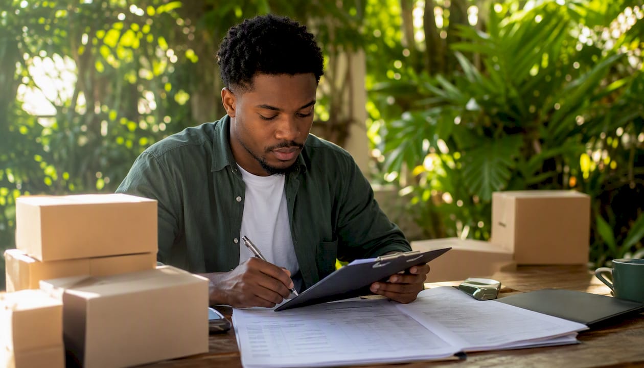Warehouse worker reviewing ocean freight documents