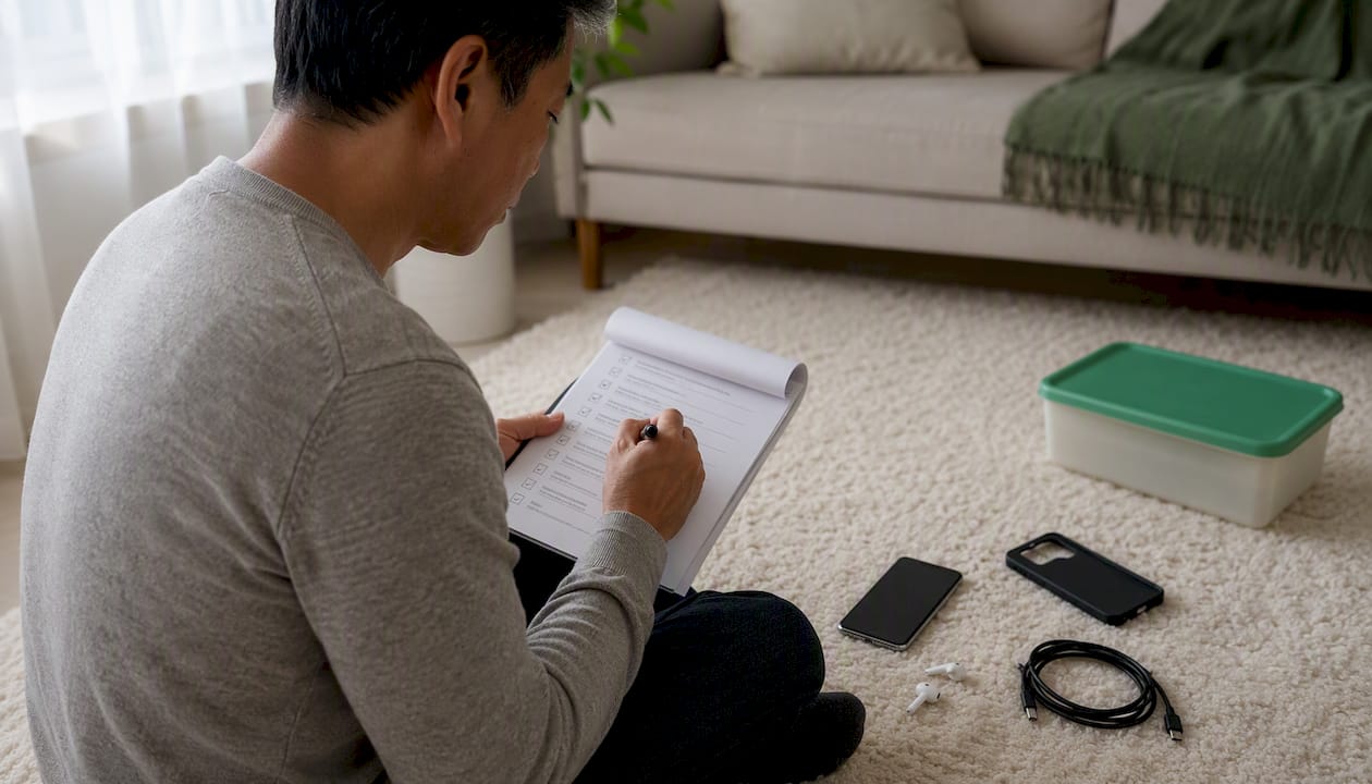 Man checking Samsung trade-in preparation list