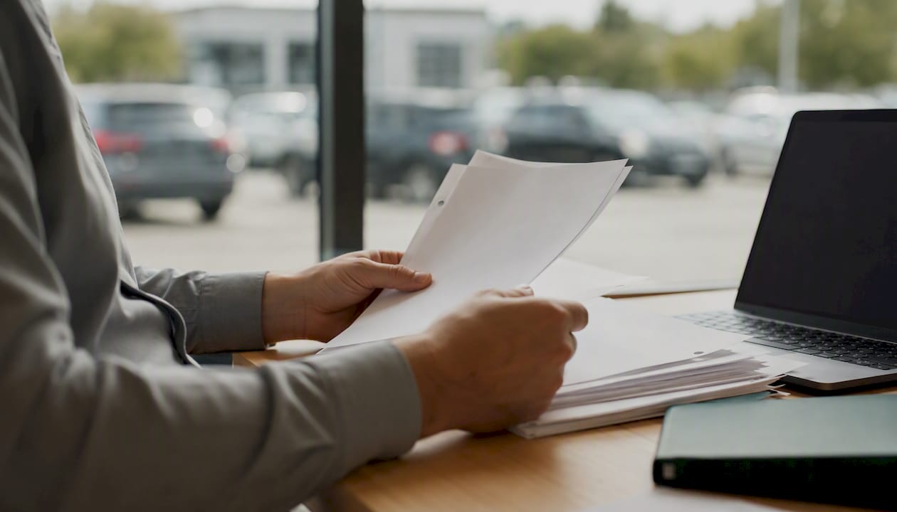 Hands organizing invoices with blurred vehicle silhouette