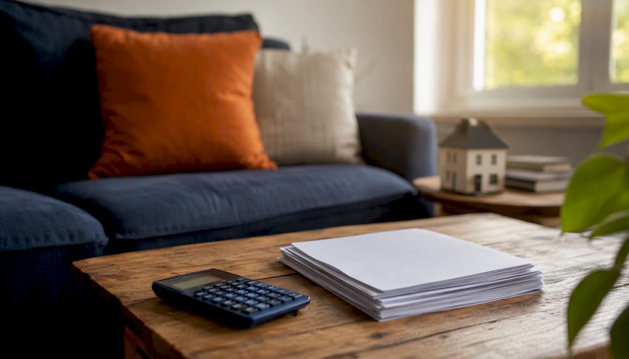 Calculator and mortgage documents on table