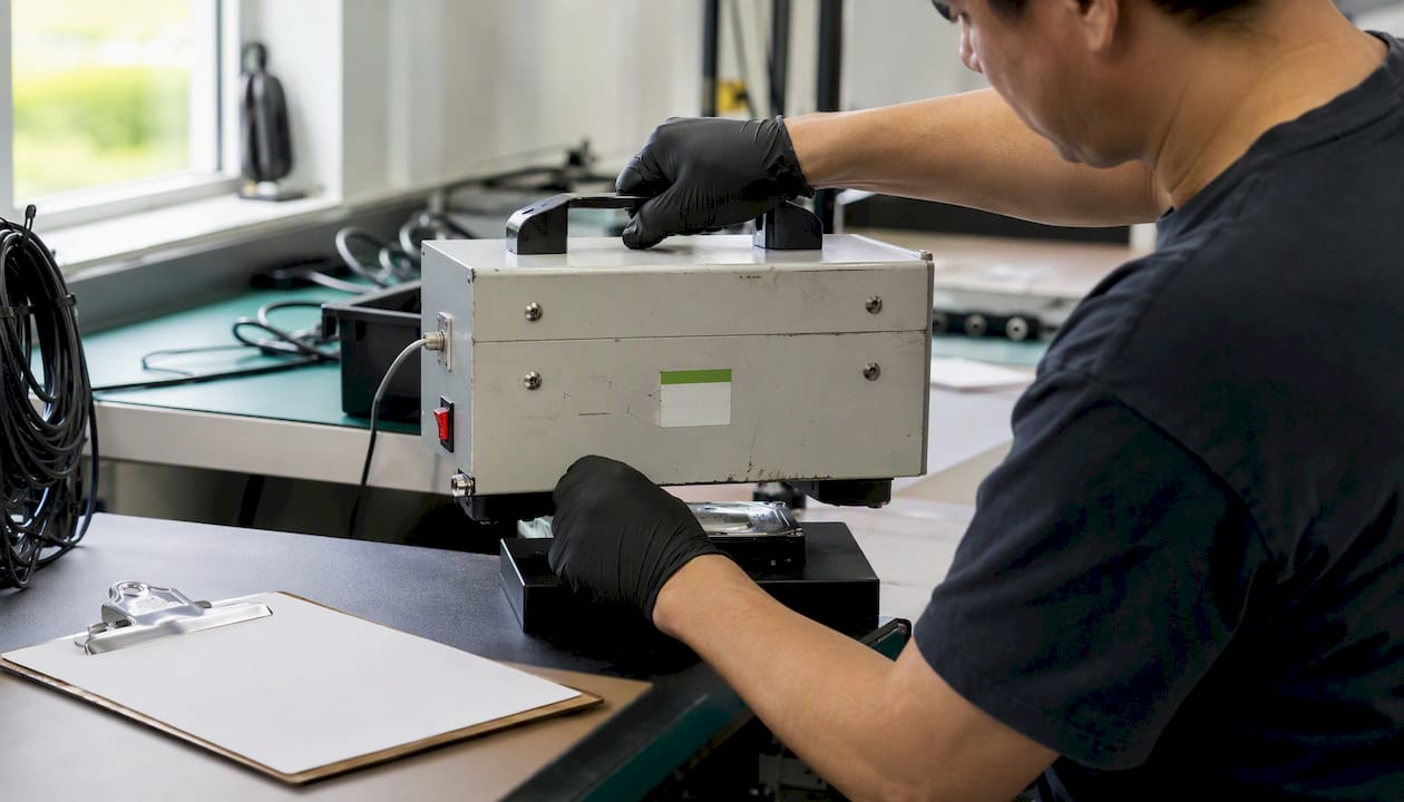 Technician performing magnetic degaussing on hard drive
