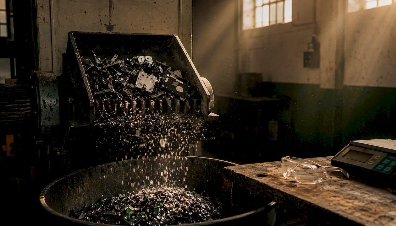 Storage media being shredded in physical destruction process