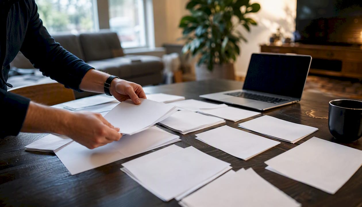 Hands organizing bank statements on table