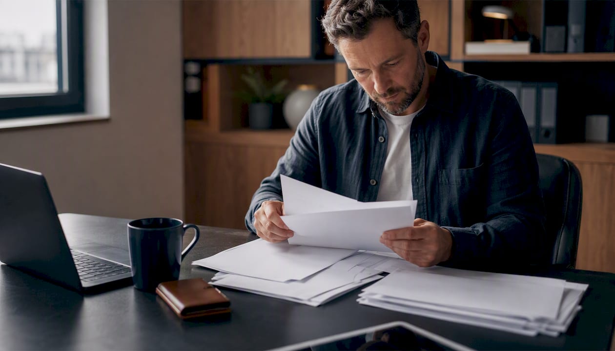 Workspace with bank statements and financial items