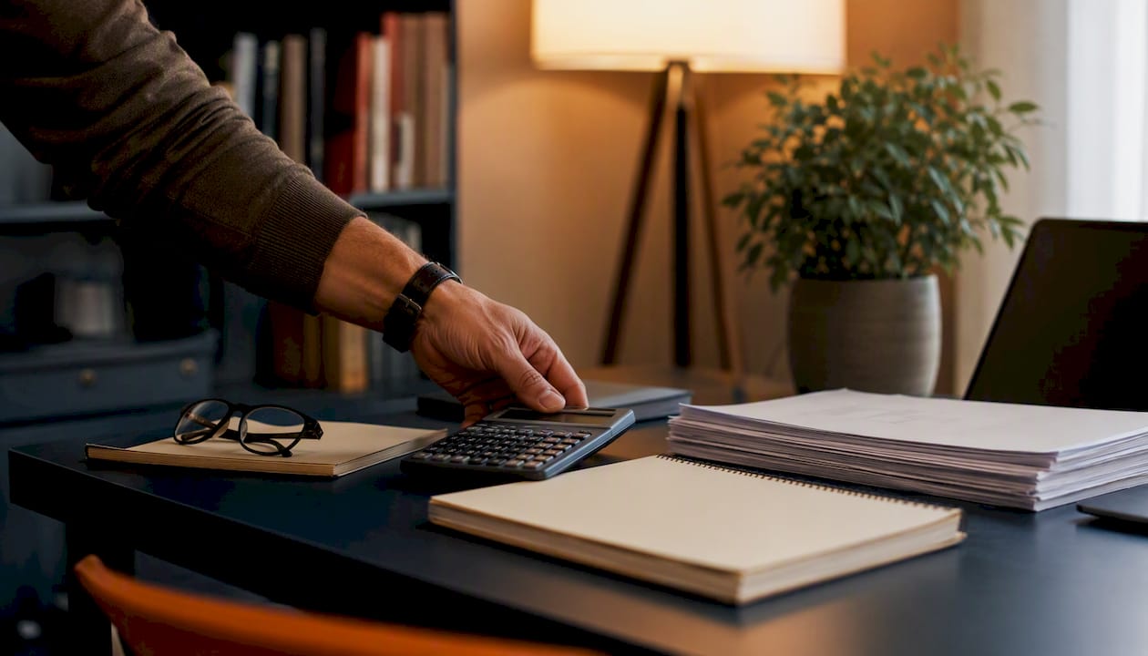 Hand preparing profit and loss statement on desk