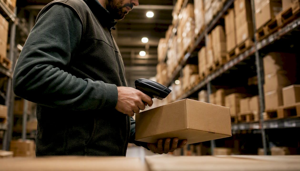 Hands scanning inventory box in warehouse
