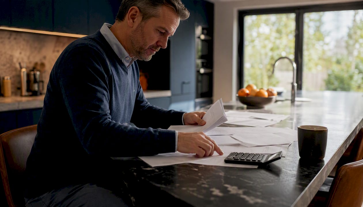 Person organizing mortgage documents at table