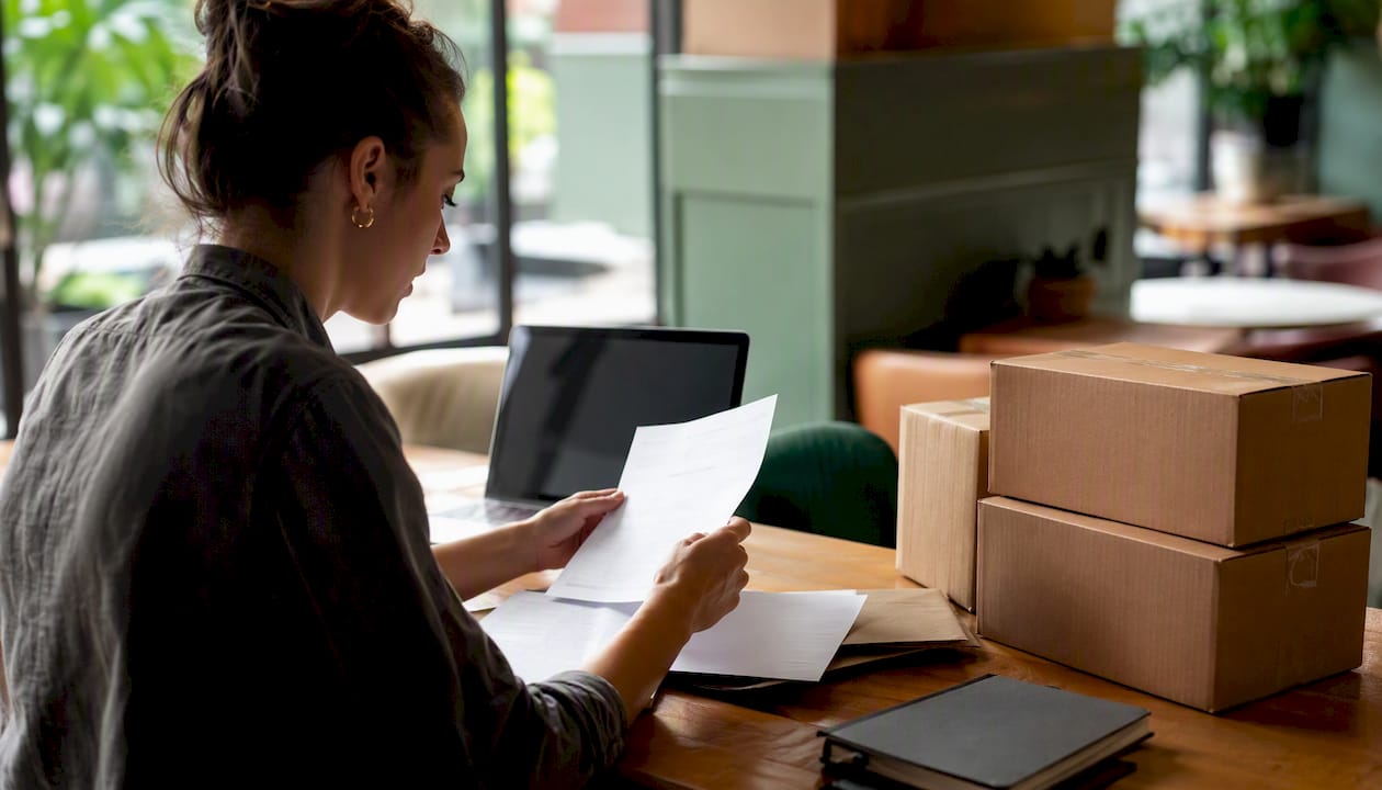 Hands reviewing freight and customs documents by shipments