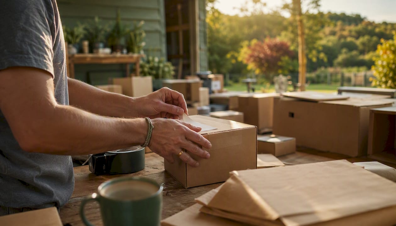 Hands sealing and labeling shipment parcels overhead