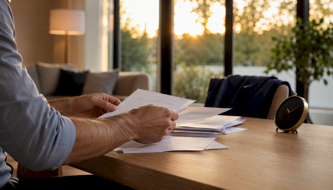 Hands sorting bank deposit statements