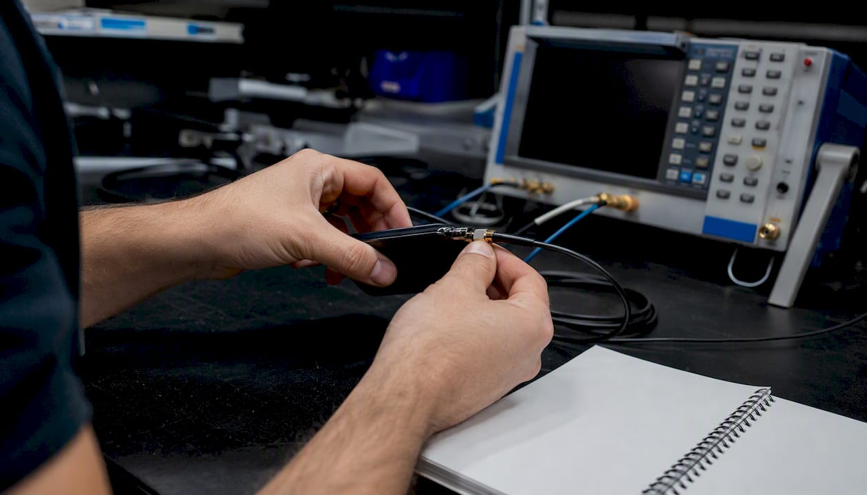 Technician testing smartphone radio functions