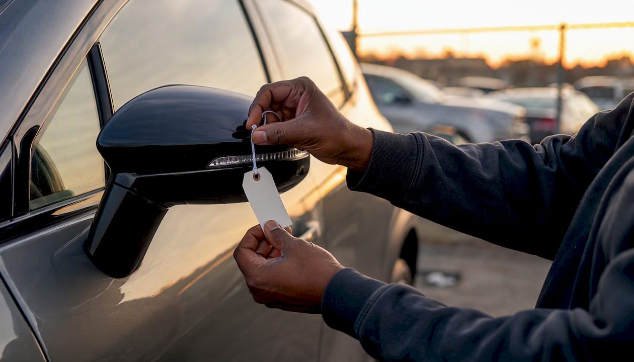 Hands attaching expense tag to vehicle side mirror