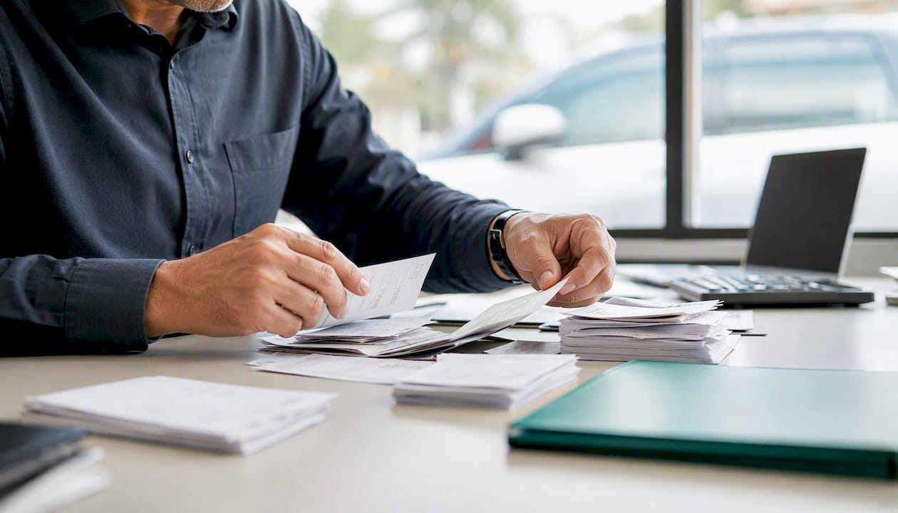 Dealer hands sorting vehicle expense documents