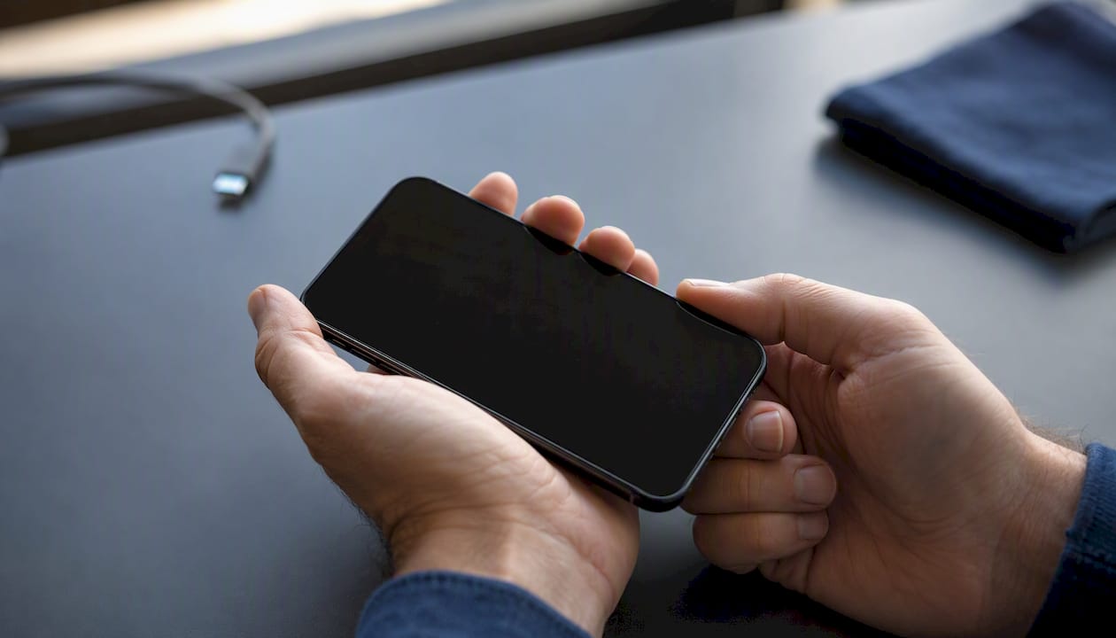 Hands pressing button to reset smartphone