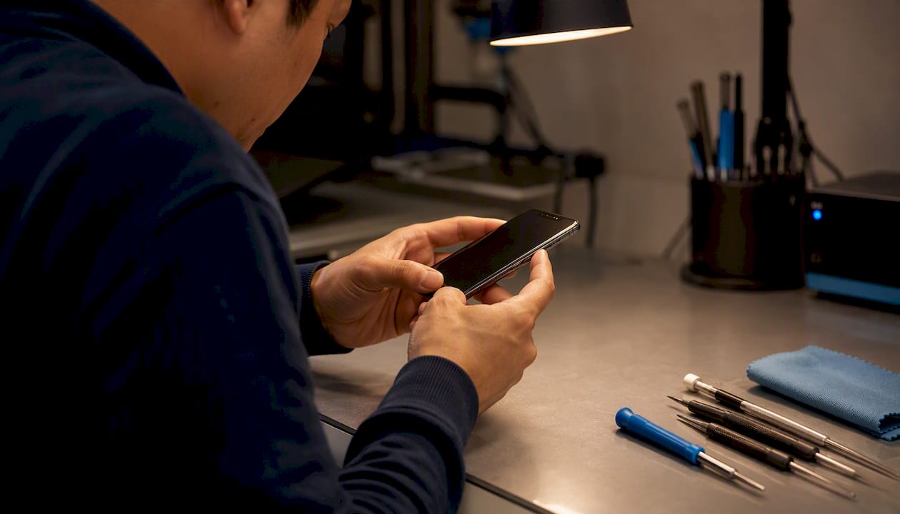 Hands inspecting used phone carefully