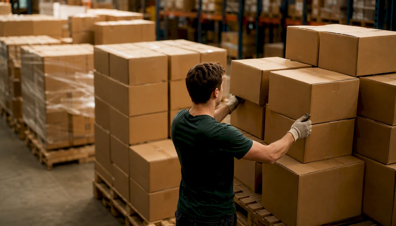 Hands moving inventory boxes in warehouse