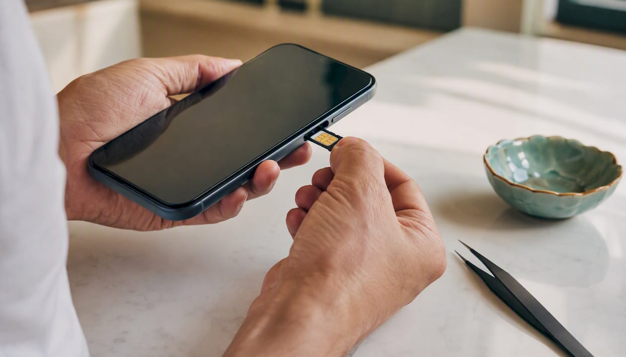 Hands removing SIM card tray from phone