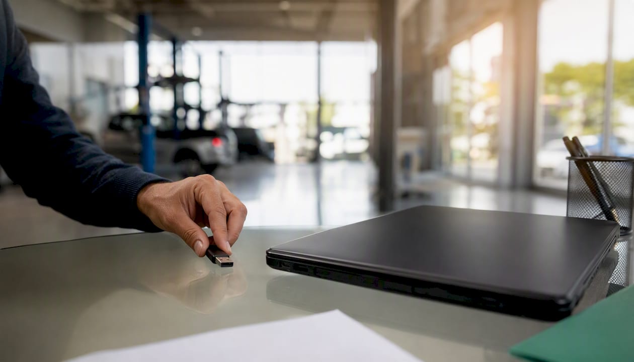 Computer and external drives in dealership