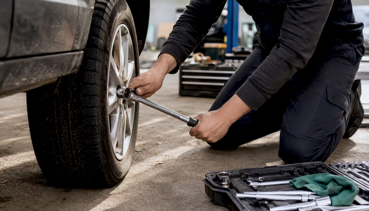 Mechanic torquing wheel lugs in garage