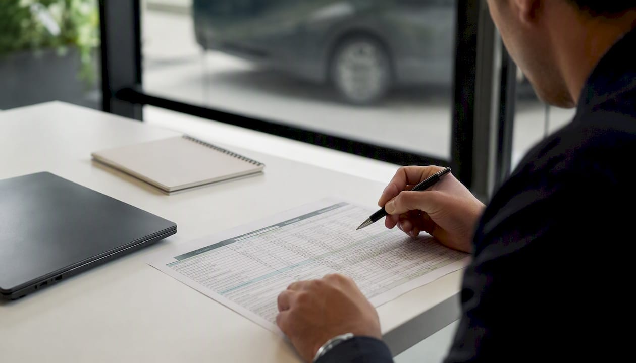 Hands highlighting vehicle pricing worksheet