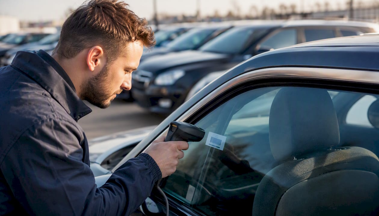 Dealer scanning VIN on used car at lot