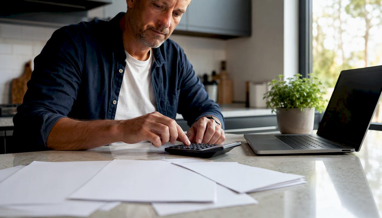 Hands using calculator for mortgage refinance