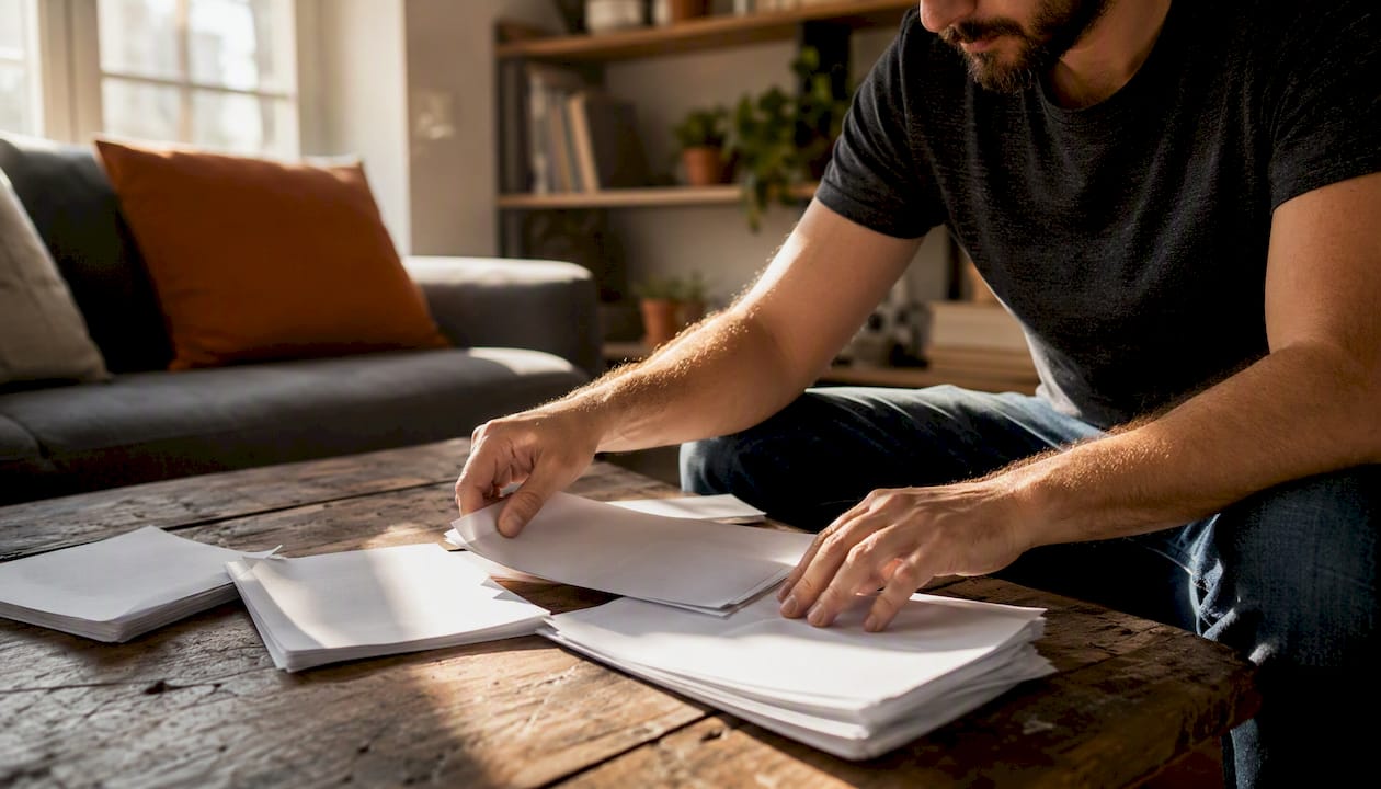 Hands sorting bank statements for refinancing