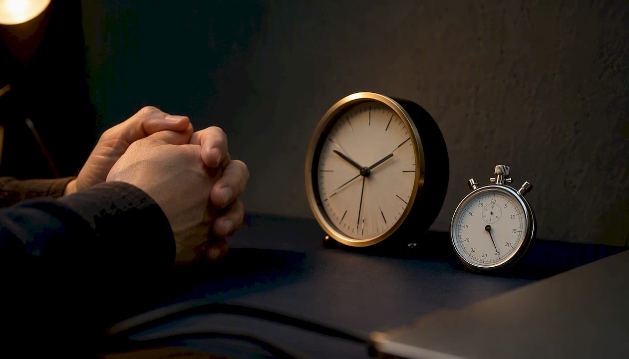 Hands holding stopwatch and desk clock