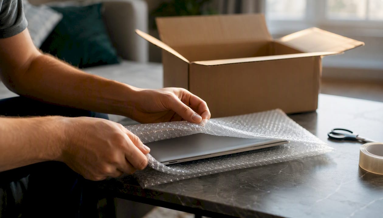 Hands wrapping laptop for shipment
