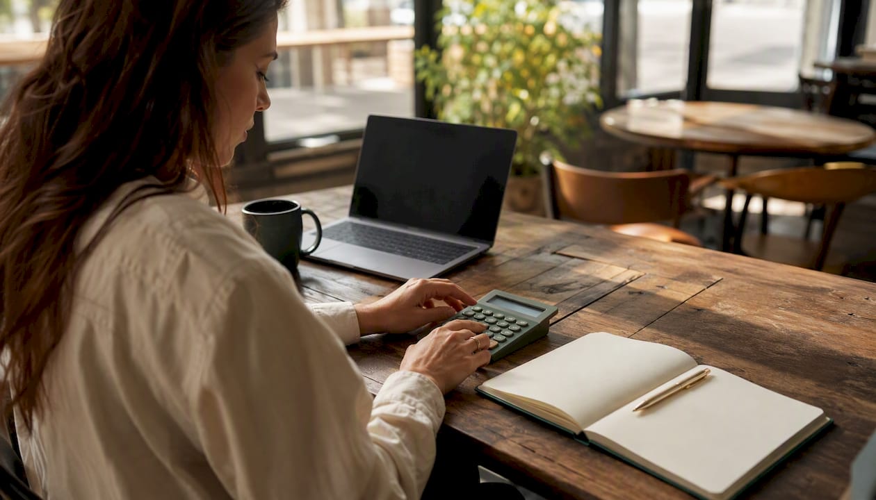 Hands using calculator for reimbursement reconciliation