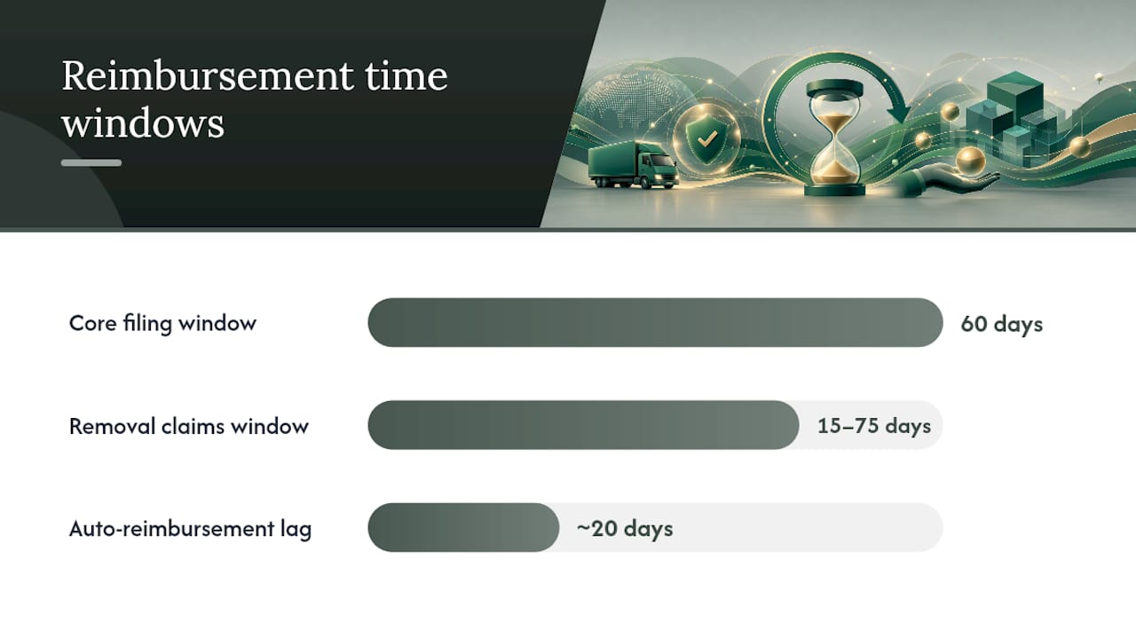 Diagram of Amazon reimbursement filing deadlines and rules