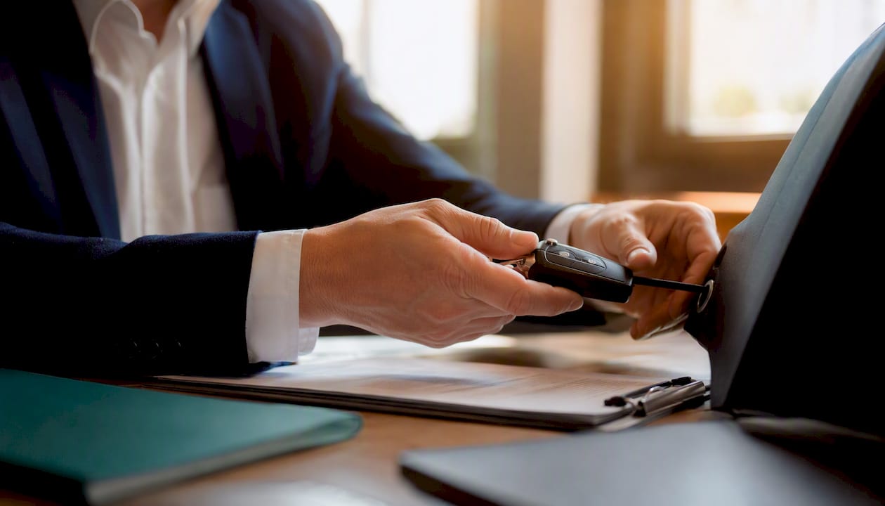 Hands holding vehicle key fob inside car