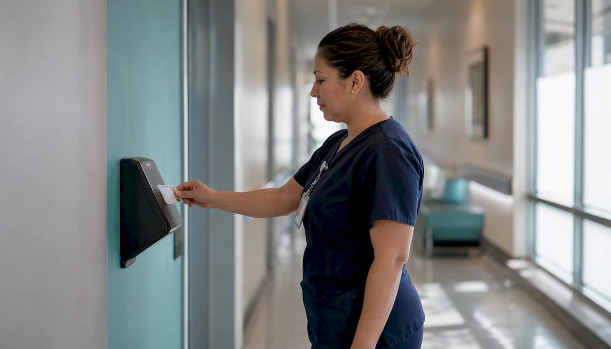 Nurse tapping badge on hospital time clock