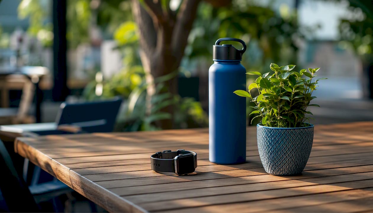 Smartwatch silhouette with eco-friendly desk items