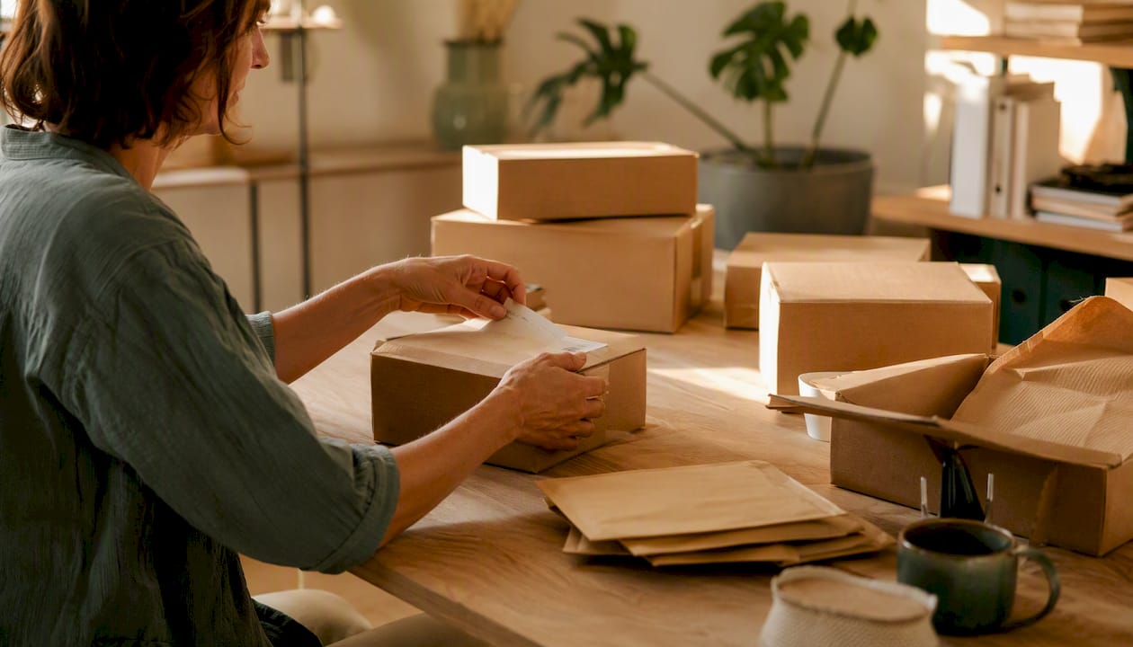 Hands arranging ecommerce shipments on table