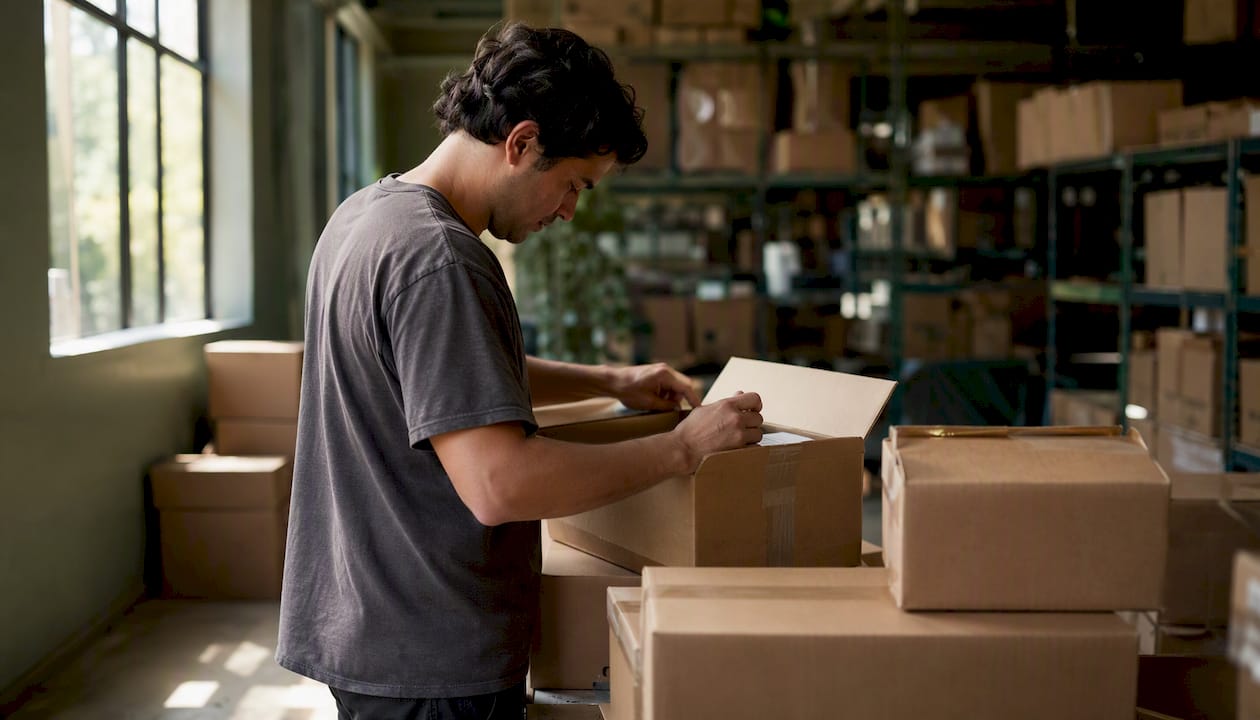 Hands inspecting inventory boxes in warehouse