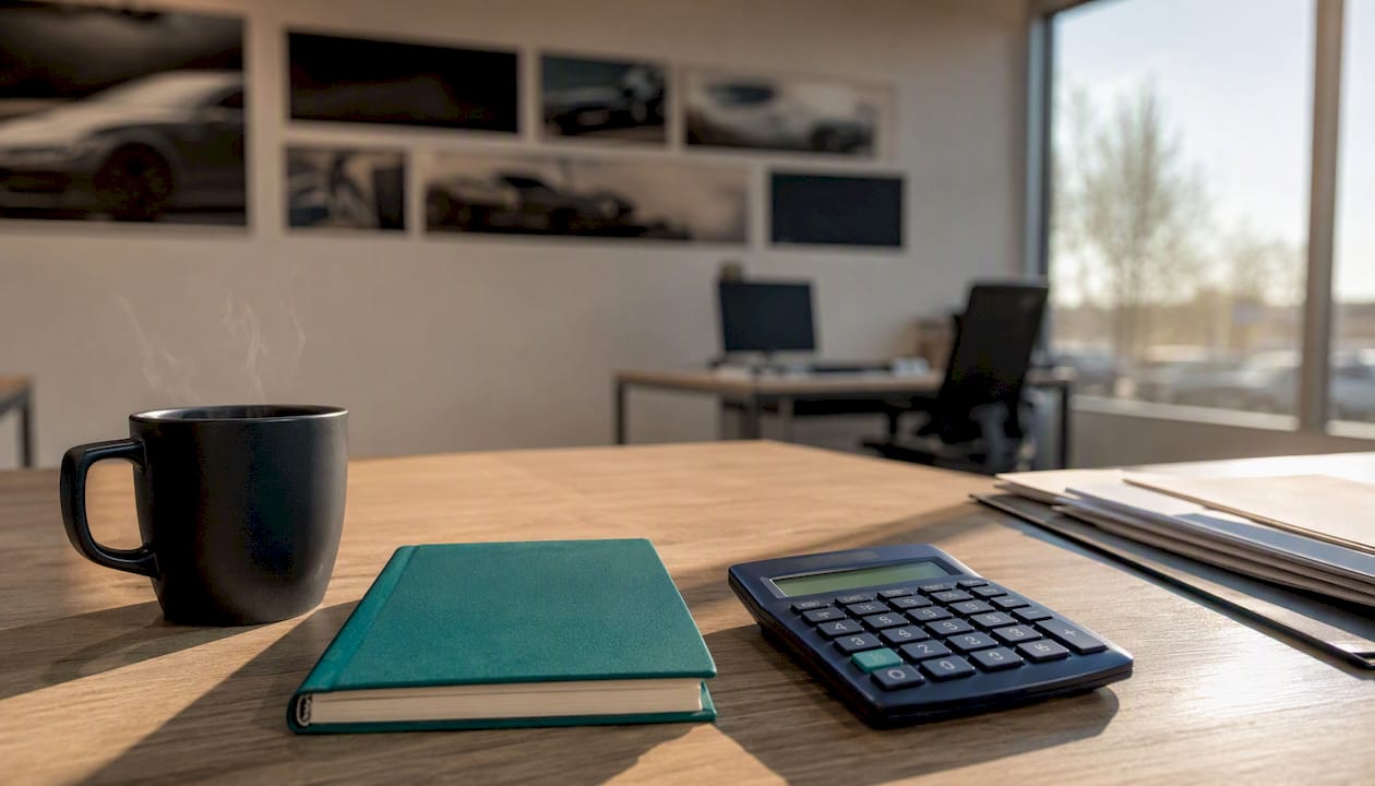 Accounting ledger and calculator on dealership desk