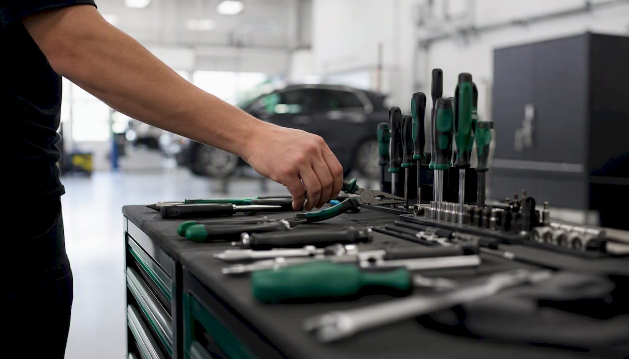 Mechanic reaching for service tools in dealership bay