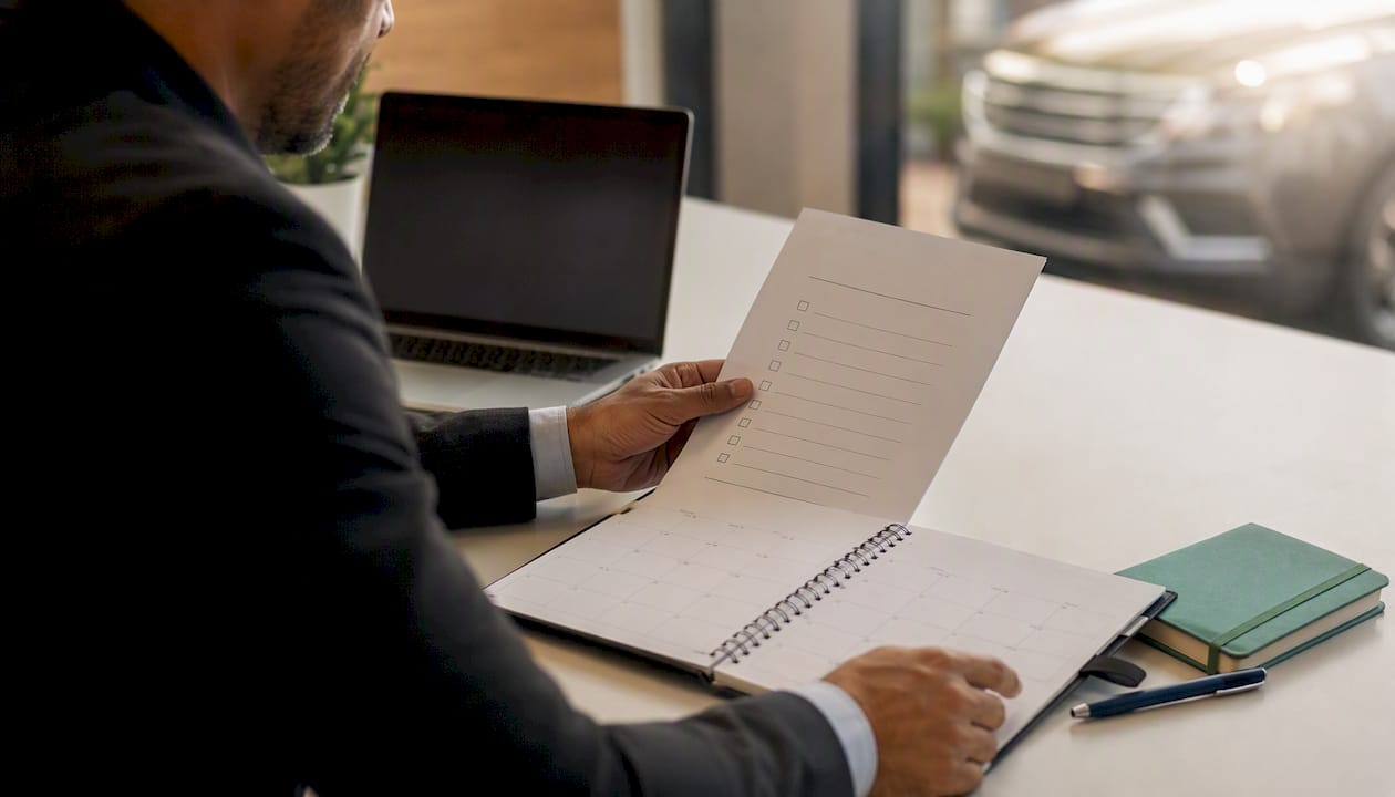 Hands organizing dealership software onboarding checklist