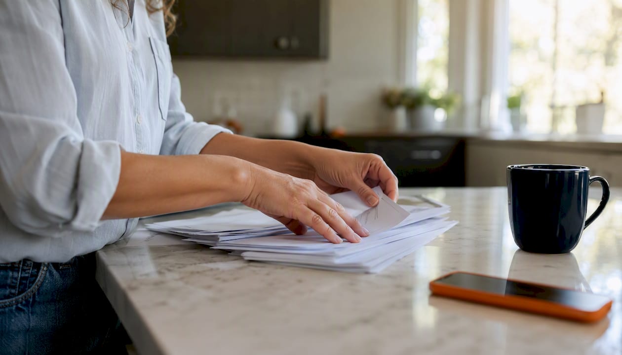 Hands sorting bank statements on table